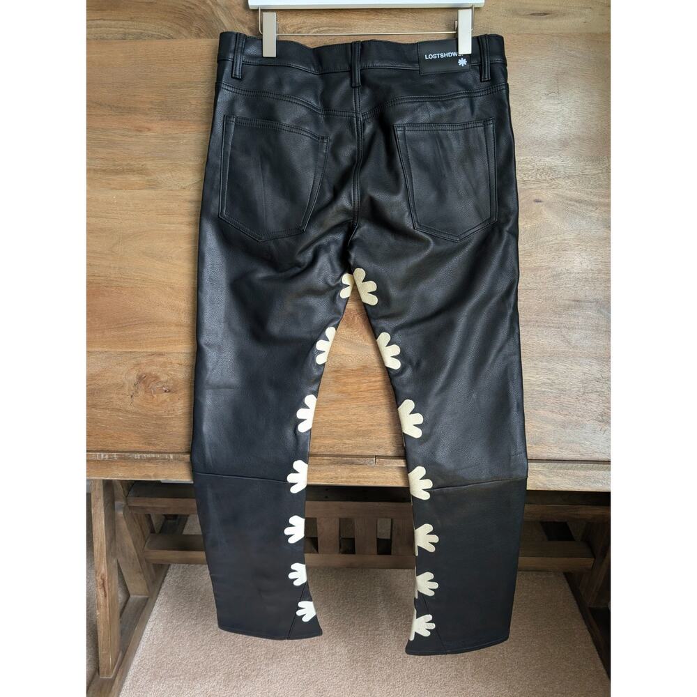 NWT LOSTSHDWS Leather Pants Mens 30 Black Graphic Sun Logo 5-Pocket Straight Leg - Picture 2 of 6